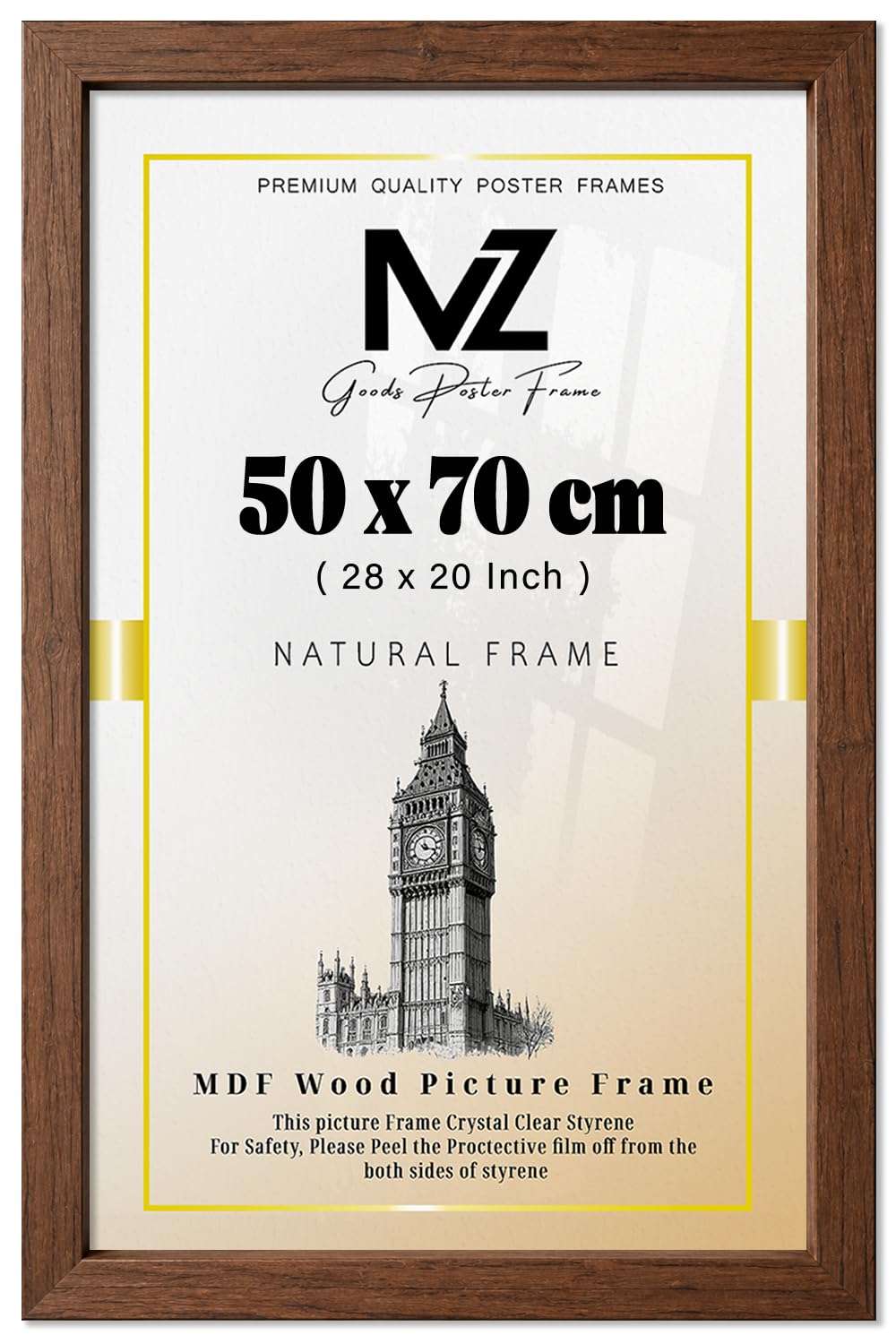 MZ GOODS | MDF Wood Picture Frame (50 x 70 CM) 20 x 28 Inch for Art, Room Interiors & Wall Décor, MDF Finish, Sturdy Hanging Hooks for Easy Mounting [ Walnut ]