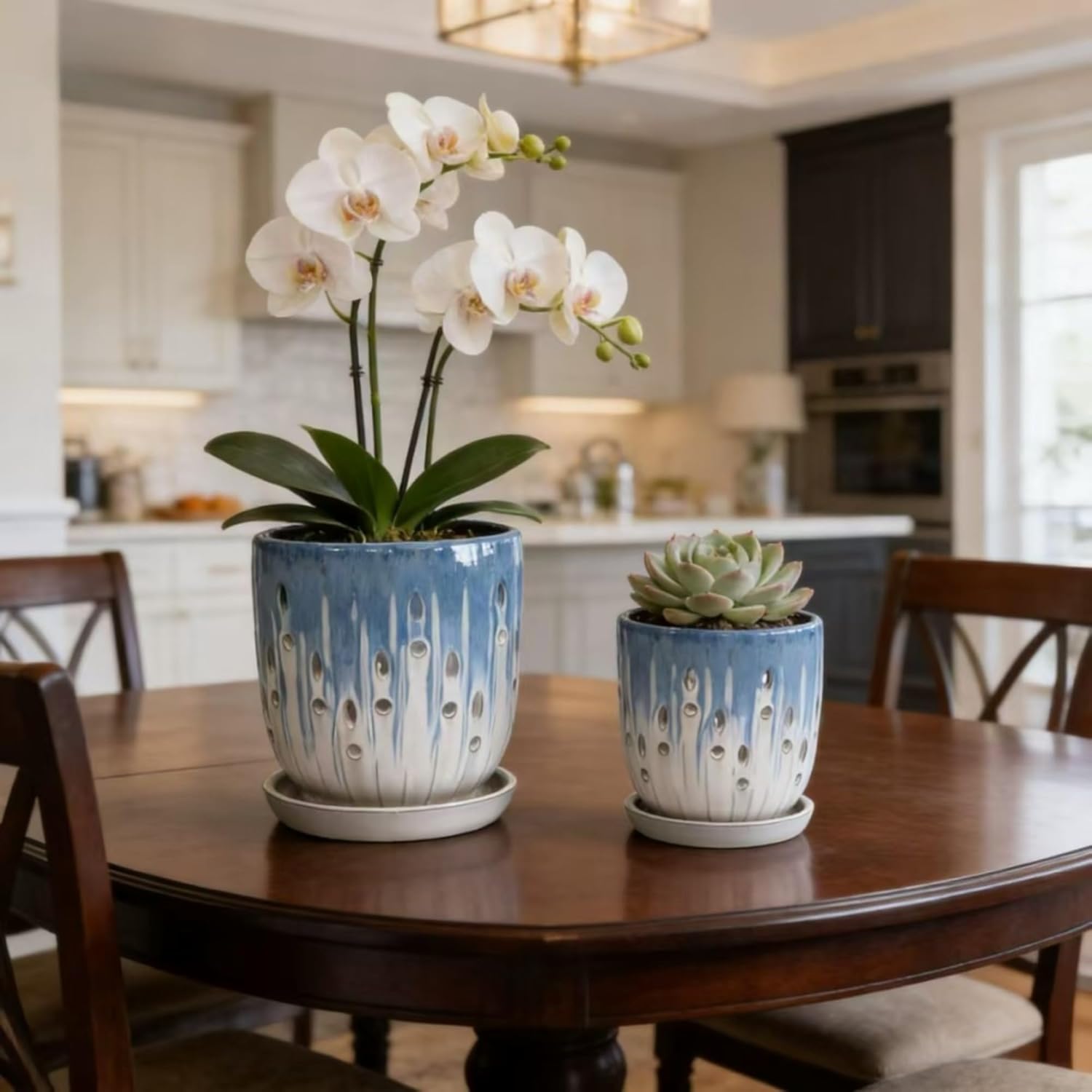 Handmade Ceramic Orchid Planter Set with Drainage Tray, Breathable Hollow Sidewall Flower Pots for Indoor Plants, Succulents, Windowsill Desk Shelf Patio Garden Decorative Cachepot Duo (White+Blue)