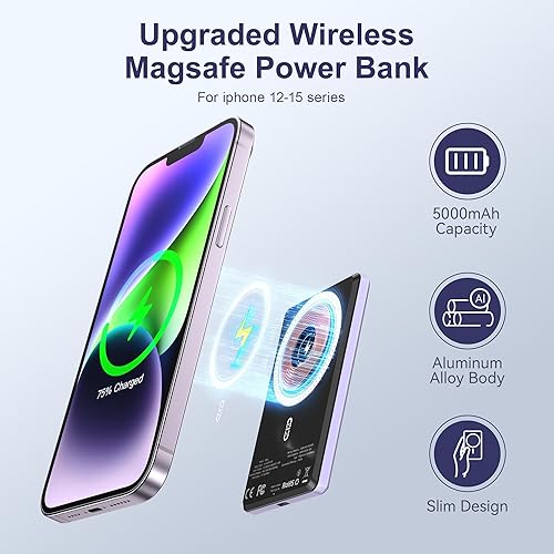 Miniatura 2 de NOHON Mag-Safe - Cargador de batería, 5000 mAh 0.031 in, ultra delgado, compacto, magnético, cargador portátil inalámbrico PD de 20 W de carga