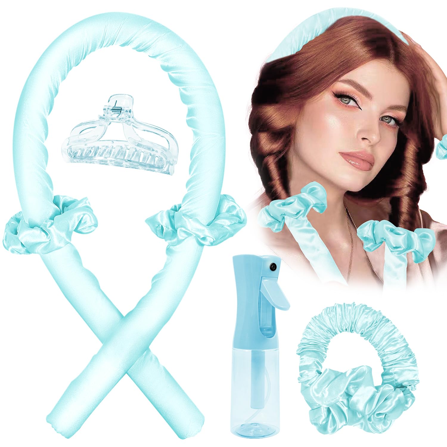 Heatless Hair Curler and Curling Scrunchie Set, Heatless Curls Overnight, Heatless Curling Rod With Spray Bottle, Overnight Blowout Rods, No Smell, No