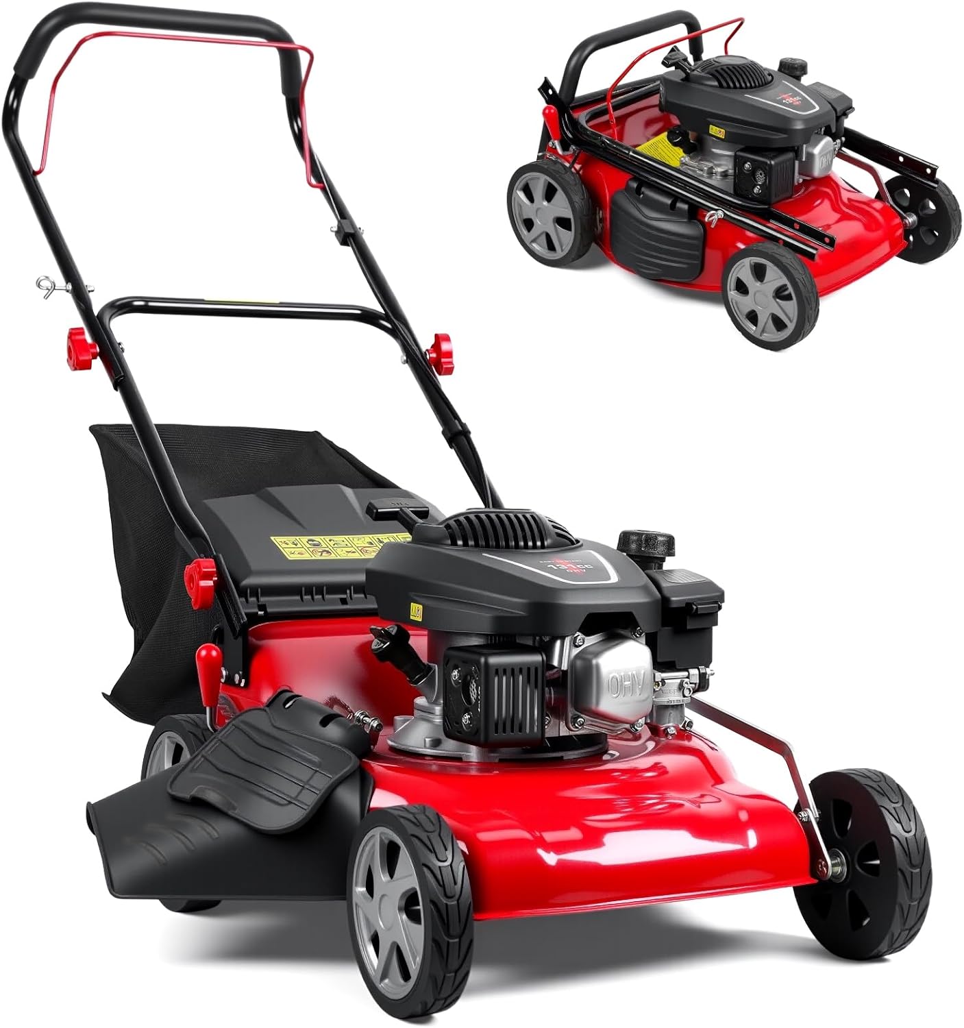 131cc Gas Powered Self Propelled Lawn Mower[Foldable] - Easy to Start, 3 in 1 Multi Functional Gas Push Lawnmower with 50L Grass Tank for Yard Garden, Self-Propelled Rear Wheel System Red