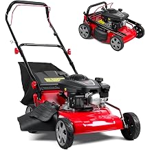 131cc Foldable Gas Lawn Mower, Self-Propelled Rear-Wheel Drive, 18 Inch Cutting Width, 50L Grass Bag, 3-in-1 Mulching/Side Discharge/Rear-Bagging, Lightweight Push-Button Start Mower