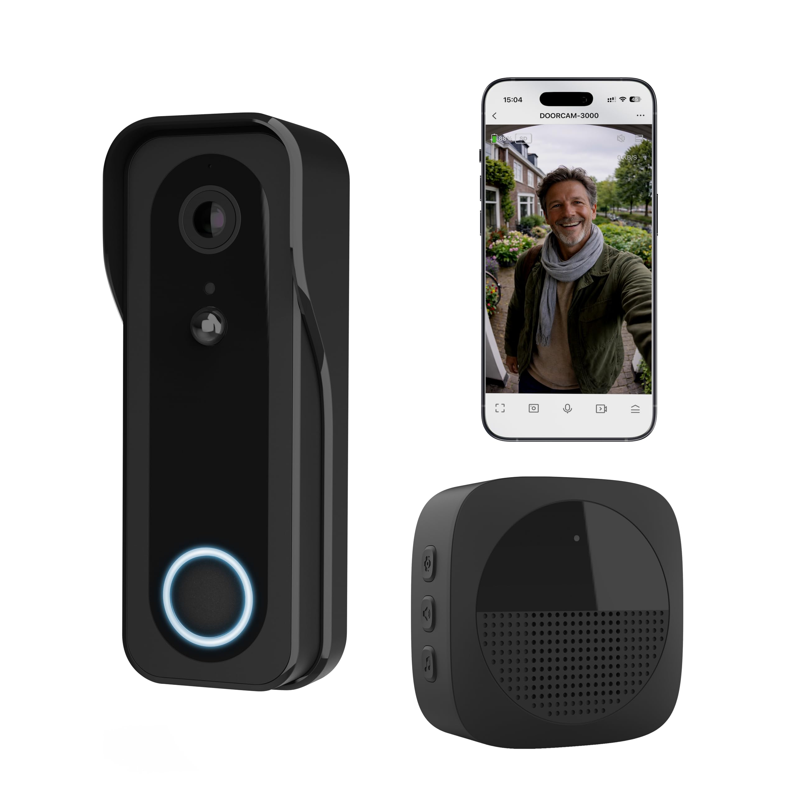 Trust Timbre Exterior Inalámbrico con Cámara 2K HD 3MP y Chime, 2.4GHz WiFi, Audio Bidireccional, Detección de Personas, Impermeable, Visión Nocturna, Control vía App, con Timbre Inalámbrico, Negro