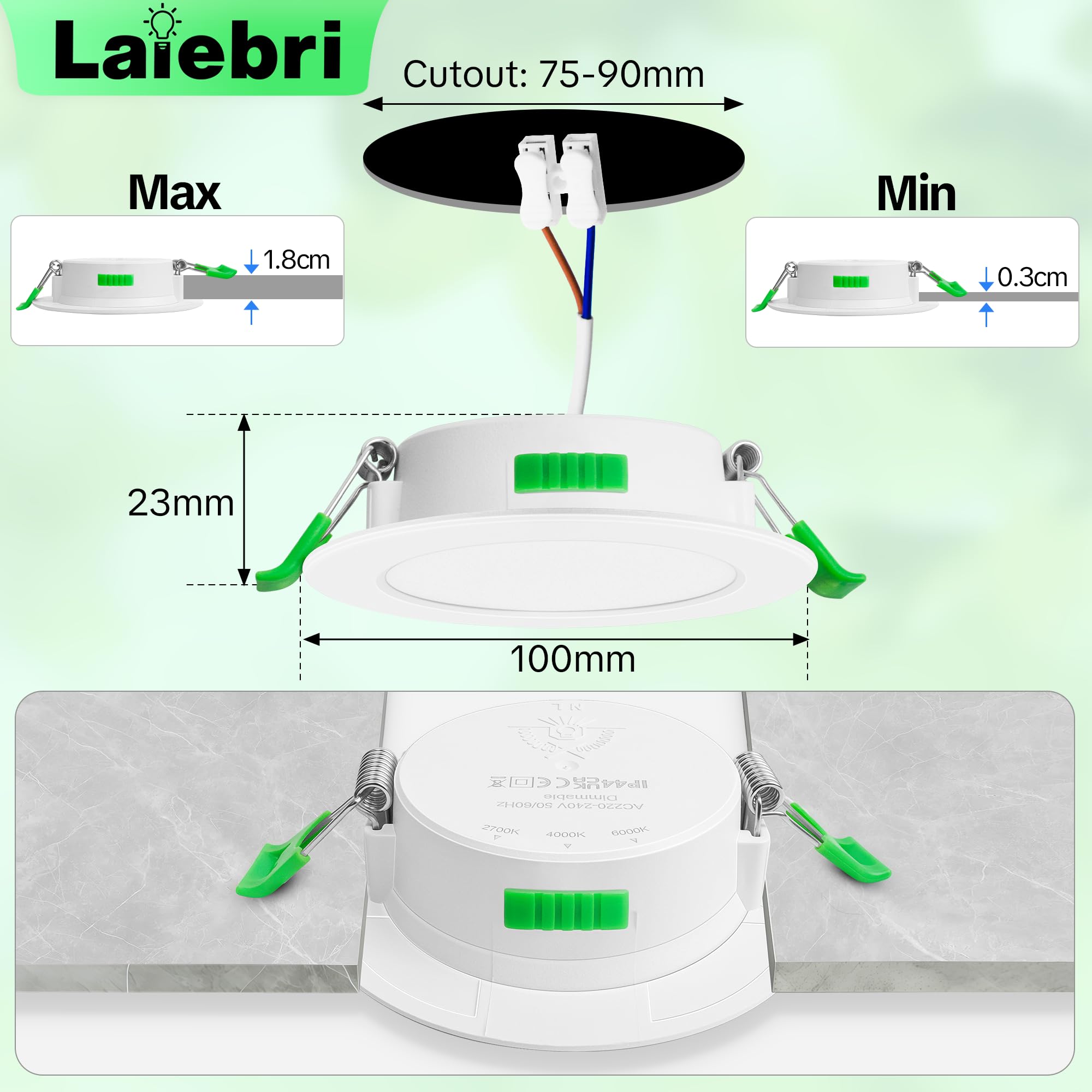 Juego de 10 focos LED empotrables blancos de 230 V - Focos de techo extra planos IP44 - Ø 75-90 mm, 6W, 600lm, 2700 K/4000 K/6000 K - Iluminación LED para baño, salón y cocina CAW