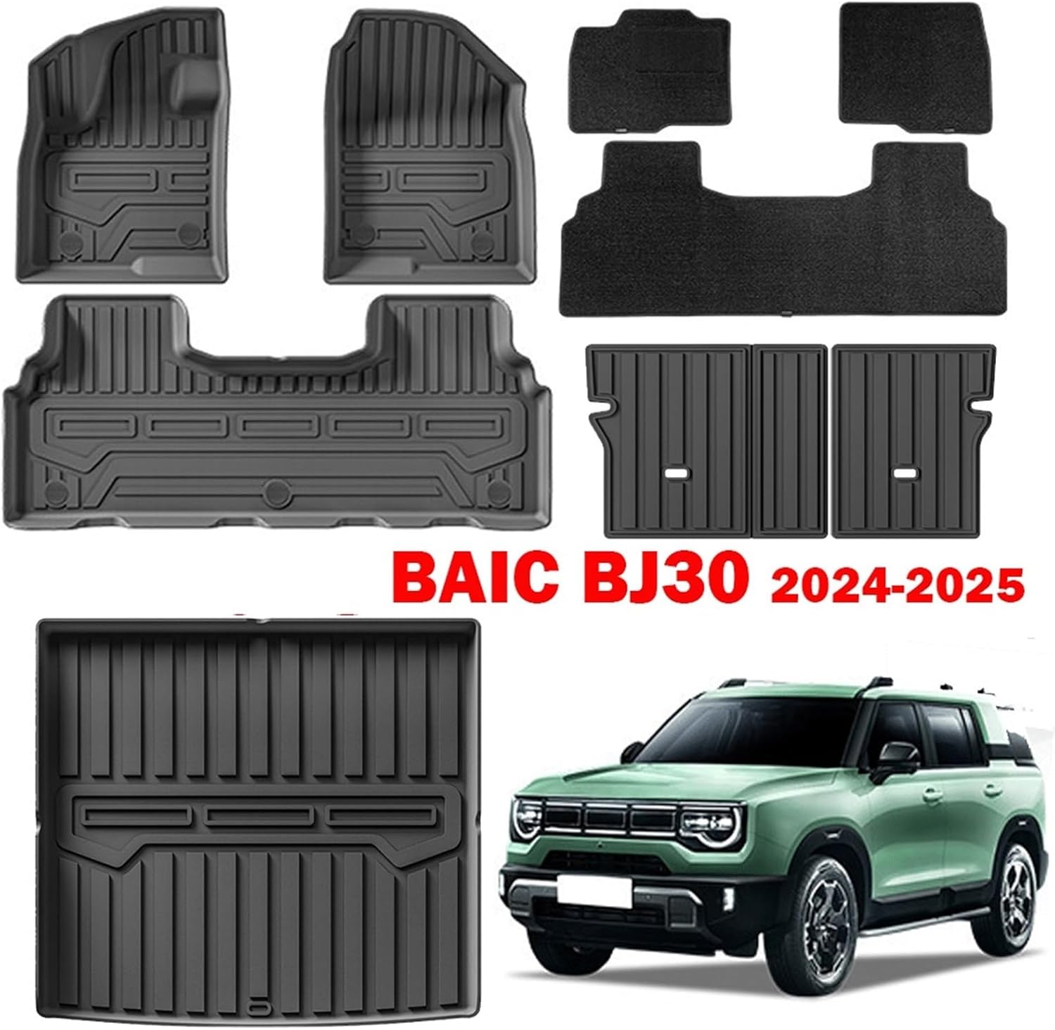 Compatible for Beijing BAIC BJ30 2024-2025 car Floor Mat Trunk Mat Waterproof Pad Carpet TPE Cargo Liner, All Weather Trunk Mats Floor Liner Backrest(9pcs Double Sets)