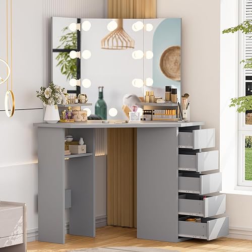 Miniatura 11 de Likein Escritorio esquinero de maquillaje con espejo y luces, mesa de tocador de dormitorio con espejo iluminado, 5 cajones y estante de