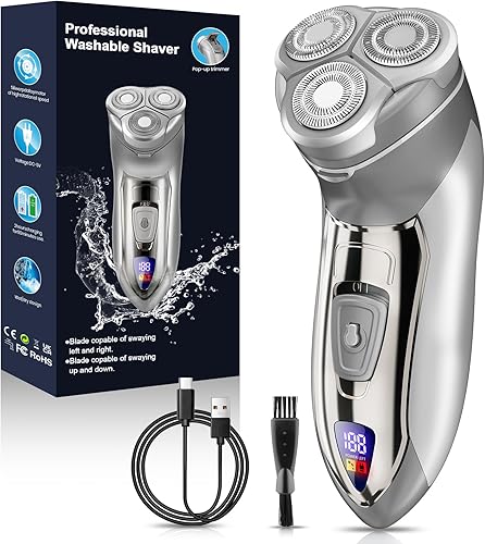 Maquinilla de afeitar eléctrica para hombres, pantalla LED recargable, impermeable húmedoseco, inalámbrica con recortador desplegable, color plateado