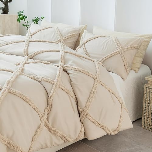Miniatura 8 de Bedbay Juego de edredón beige tamaño Queen Shabby Chic Ropa de cama rústica Boho Queen Juego de edredón de diamante copetudo beige Queen Juego de