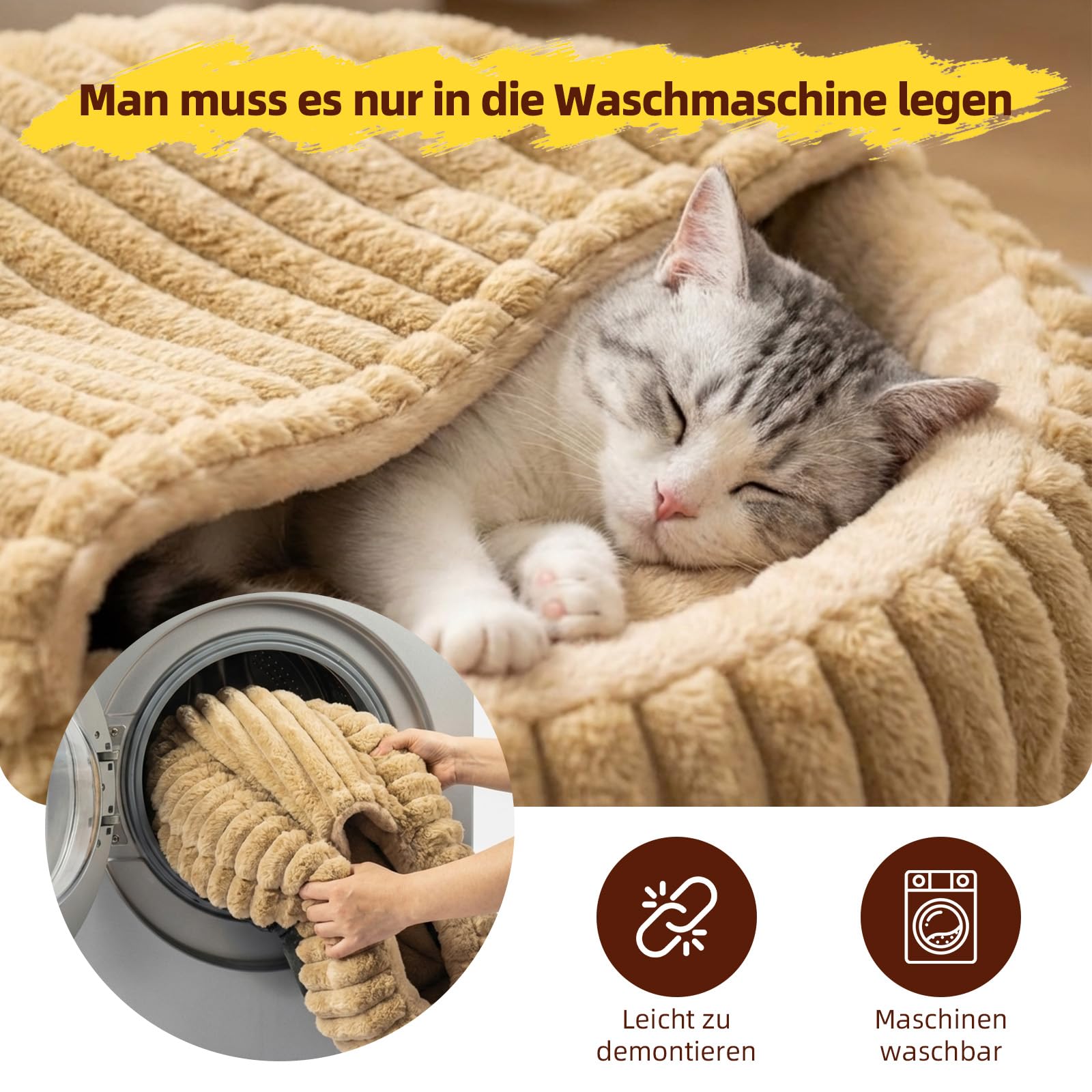 Katzenbett mit Deckel, Waschbare Katzenhöhle mit Kissen, Weiches Katzenhaus 50x50x15 cm (Braun)