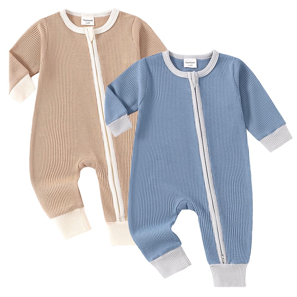 Yookoom Baby 2 Pack Rompers Long Sleeve Waffle Two Way Zipper One-Piece Romper Cotton Jumpsuit Outfits