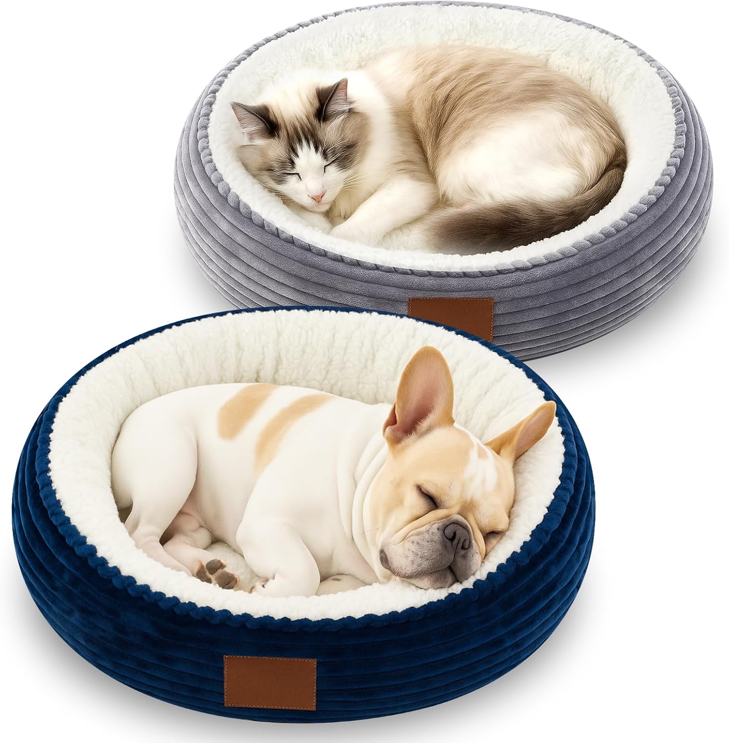 2 Pack Cat Beds for Indoor Cats 20 Inches Washable Round Donut Pet Bed Cushion Self Warming for Cats, Small Dogs, Puppy, and Kitten (Gray, Dark Blue)