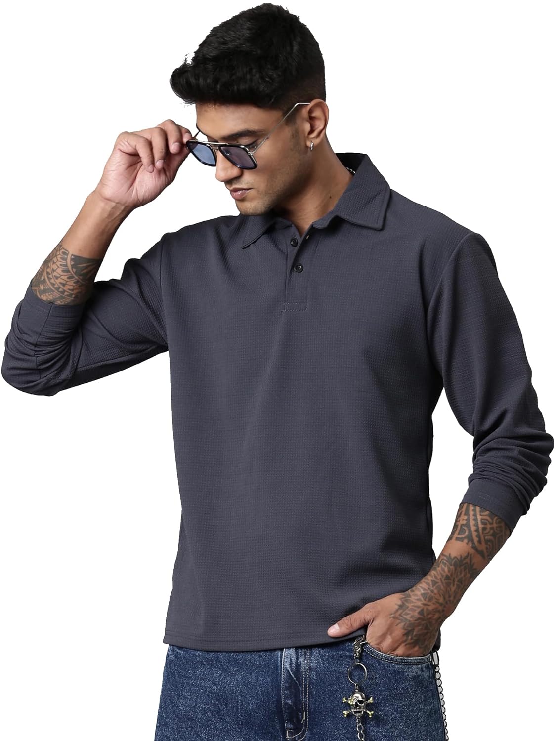 LEWEL Men’s Stylish Textured Full Sleeve Polo T-Shirt (Steel Blue)