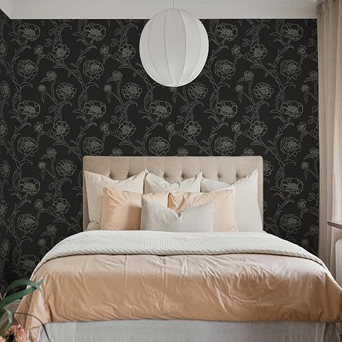 Miniatura 4 de Tempaper Papel tapiz floral extraíble de peonías negras y doradas, 20.5 x 16.5 pies, fabricado en los Estados Unidos