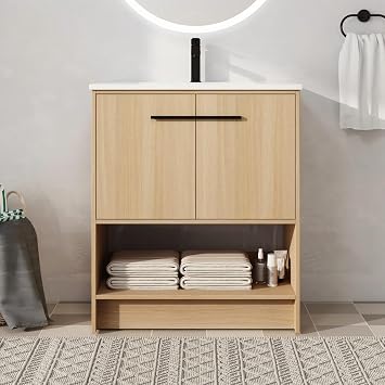30 Inch FreeStanding Vanity, 30" Bathroom Vanity with Sink, Single Sink Floor Stand Vanity Combo, Modern Brown Bathroom Vanity Set with 2 Doors