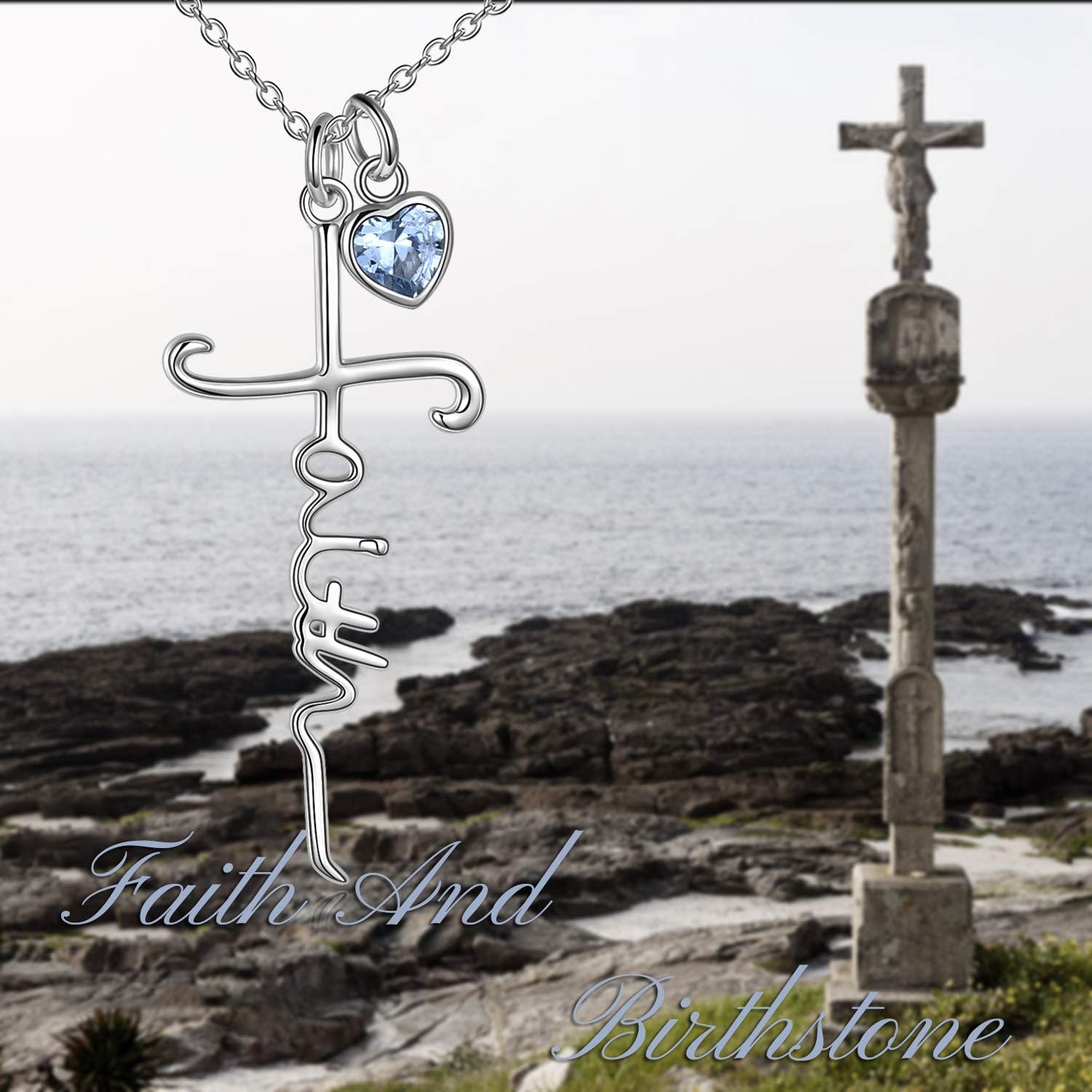 Faith Cross Necklace For Women Birthstone Sterling Silver with Simulated Birthstone Cross Jewelry Christian Gifts - Image 6