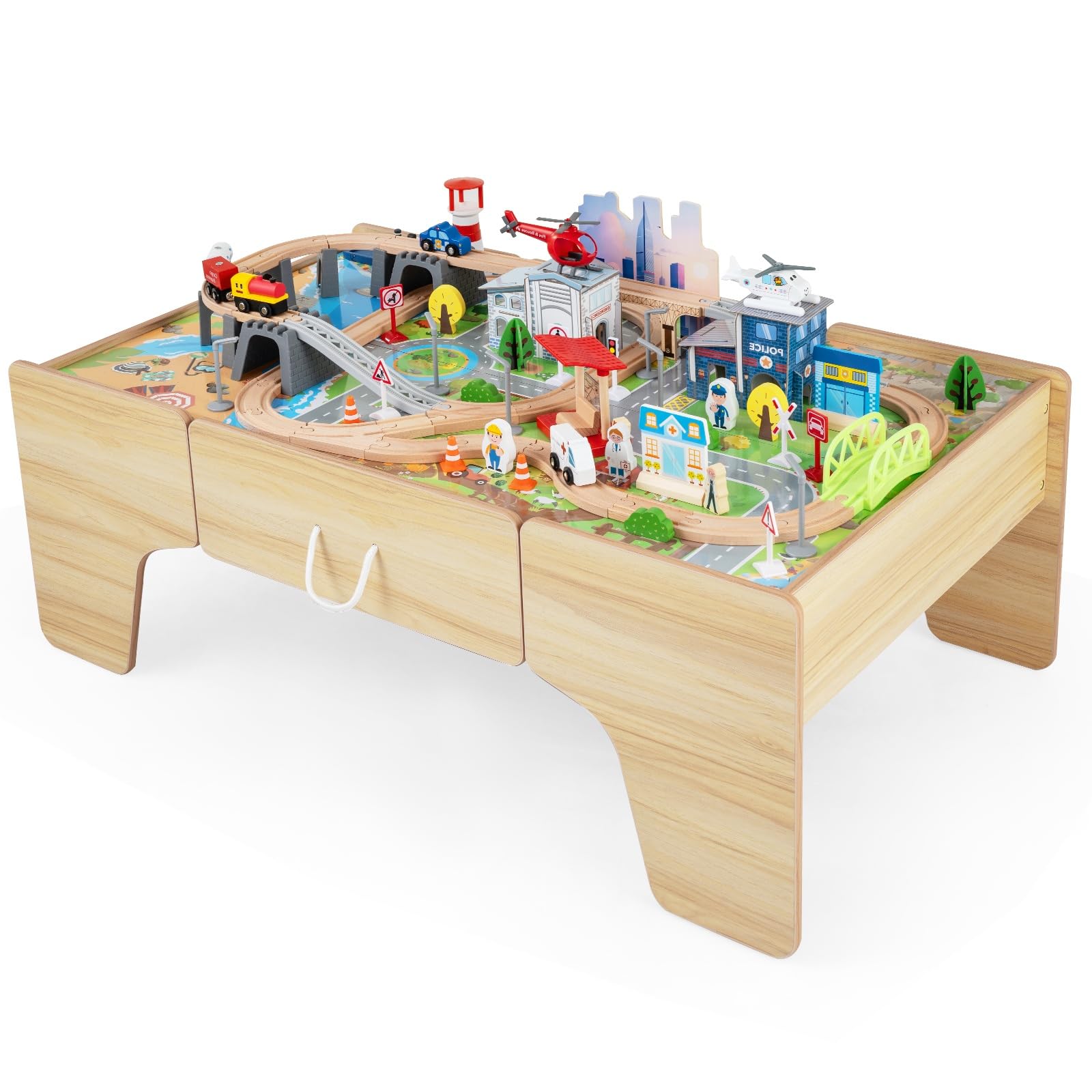 LIFEZEAL Tavolo Attività in Legno per Bambini, con Set di Trenino 110 pz | Tavolino Montessori da Gioco e Studio con Cassetto e Piano Reversibile e Rimovibile, con Binari, Veicoli e Mappa, 3+ Anni