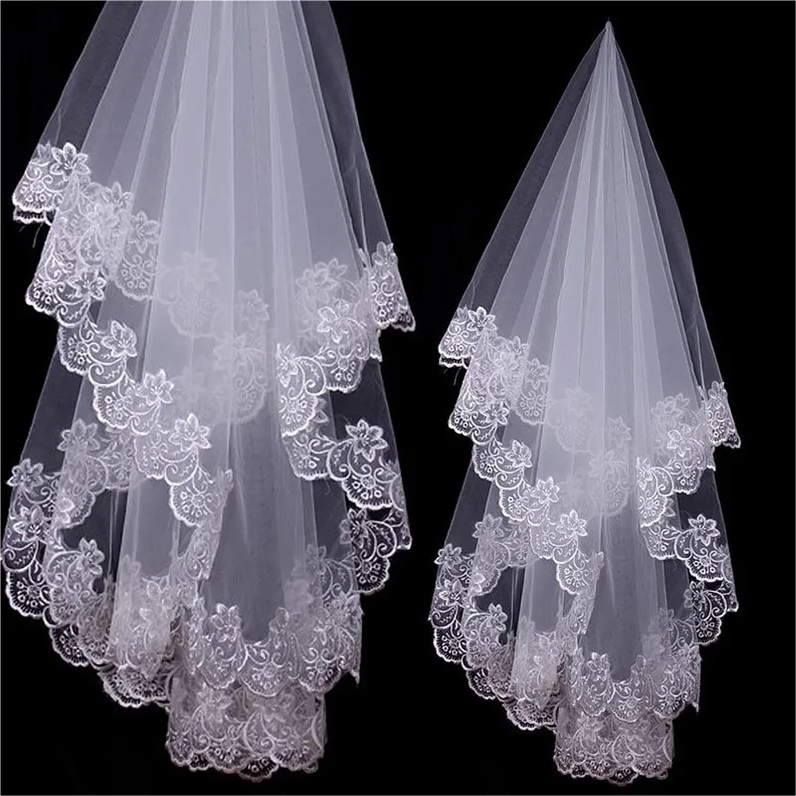 Veli, Veli da Sposa da Donna, Velo da Sposa Corto Bianco, Uno Strato, Pizzo, Bordo con Fiori, Applicazioni