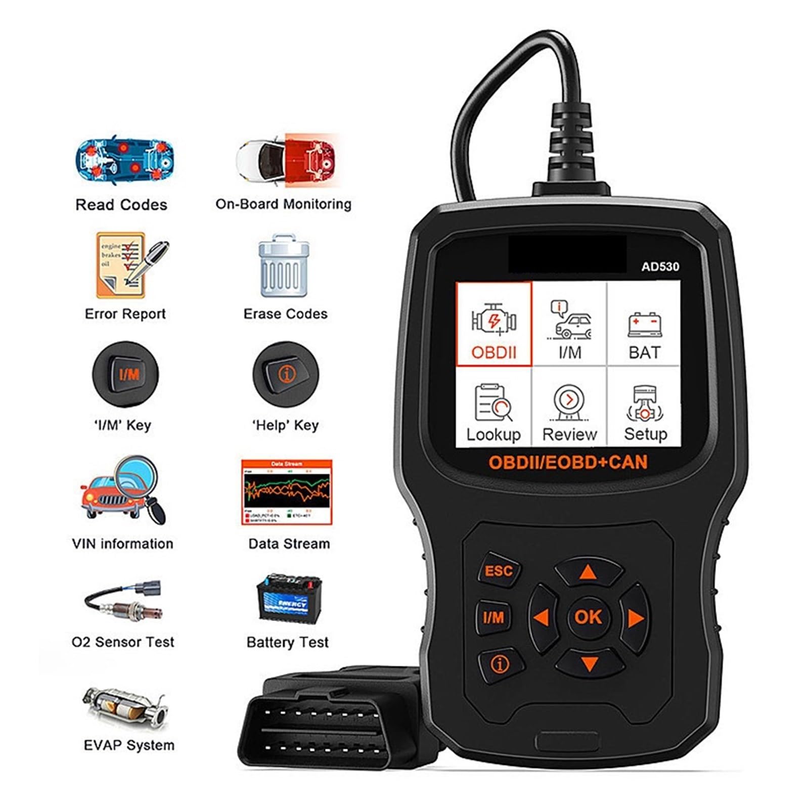 Strumento diagnostico for scanner OBD2 AD530 con test a batteria, lettore di codici spia motore auto, strumento di scansione diagnostica for auto