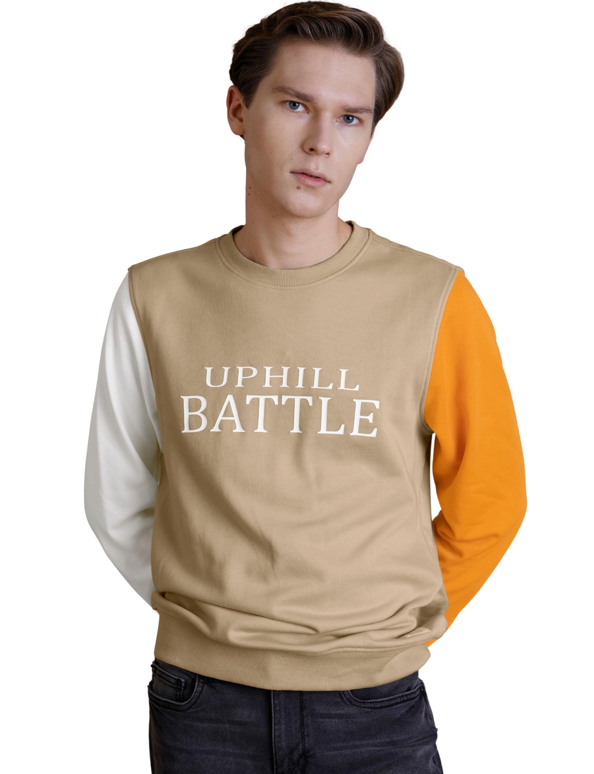 Enorsia Mens Colour Block Sweatshirt Crew Neck Long Sleeve Jumper Men Soft Cotton-Poly Terry Fabric, Regular Fit Mens Sweatshirts No Hood Stylish Streetwear (UK, Alpha, XL, Regular, Regular, Cream)