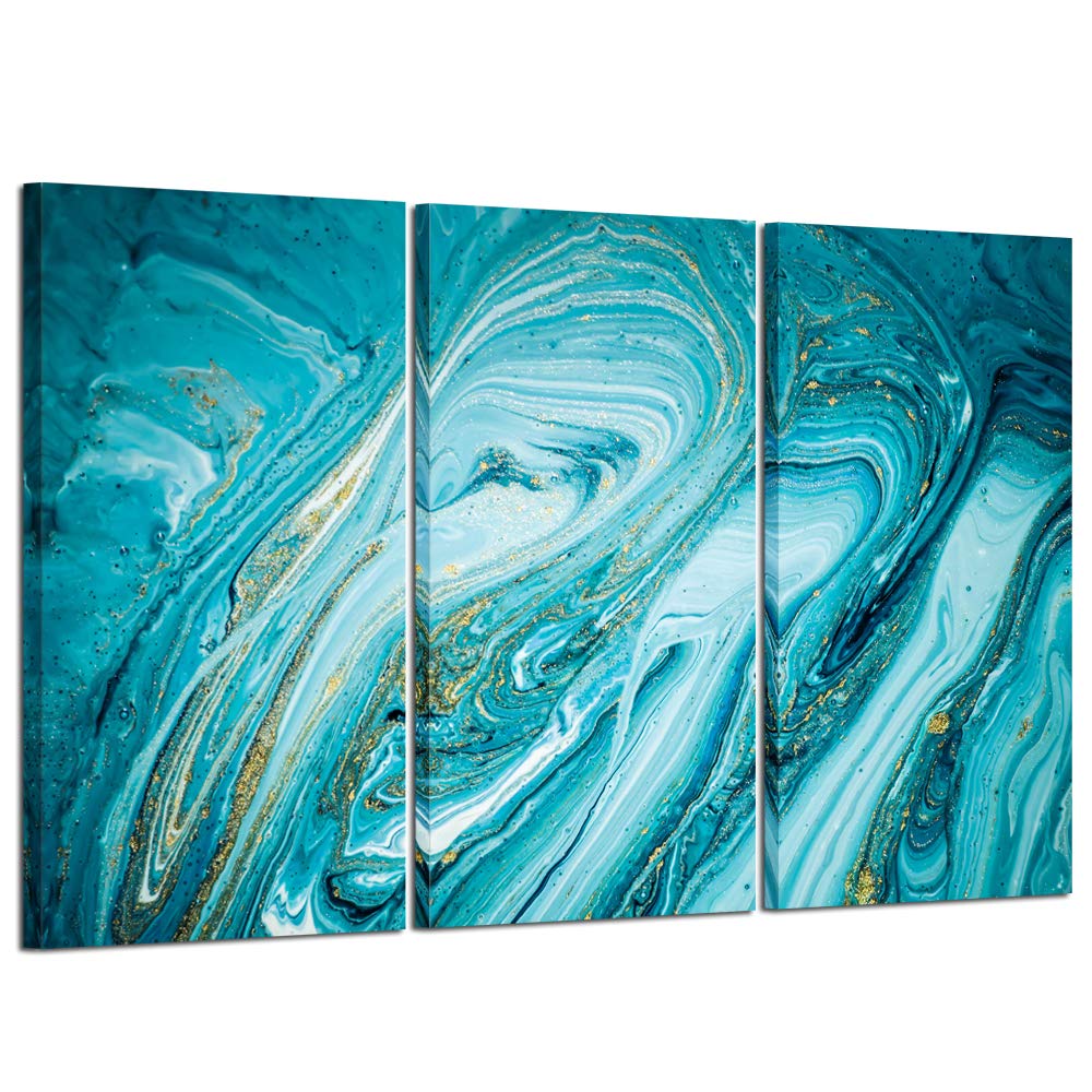 KREATIVE ARTS 3 Pieces Blue Abstract Canvas Wall Art Large Teal Painting Modern Turquoise Prints Artwork for Living Room Bedroom Home Decoration Ready to Hang 16x32inchx3pcs