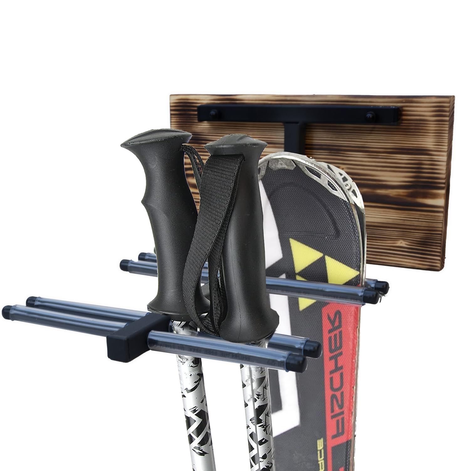 QLS Support de ski N4 mural pour 4 paires de 37 cm en acier et bois - Patère en bois - Pour marche nordique et trekking - Porte-skis