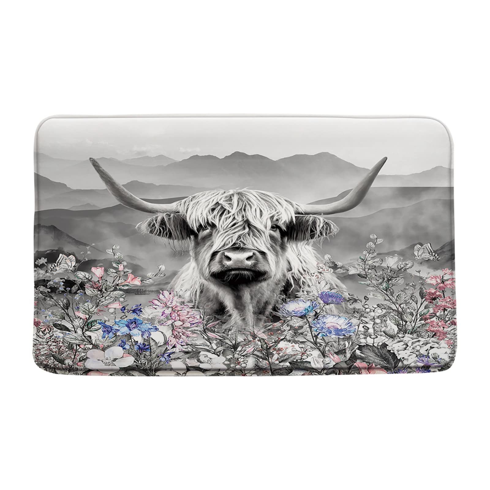 Farmhouse Highland Cow Bath Mat Western Funny Farm Animal Portrait of Longhorn Bull Pink Floral Rustic 24