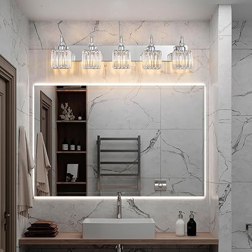 Miniatura 7 de Luces de tocador de cristal cromadas 5 lámparas de baño sobre espejo moderno para baño