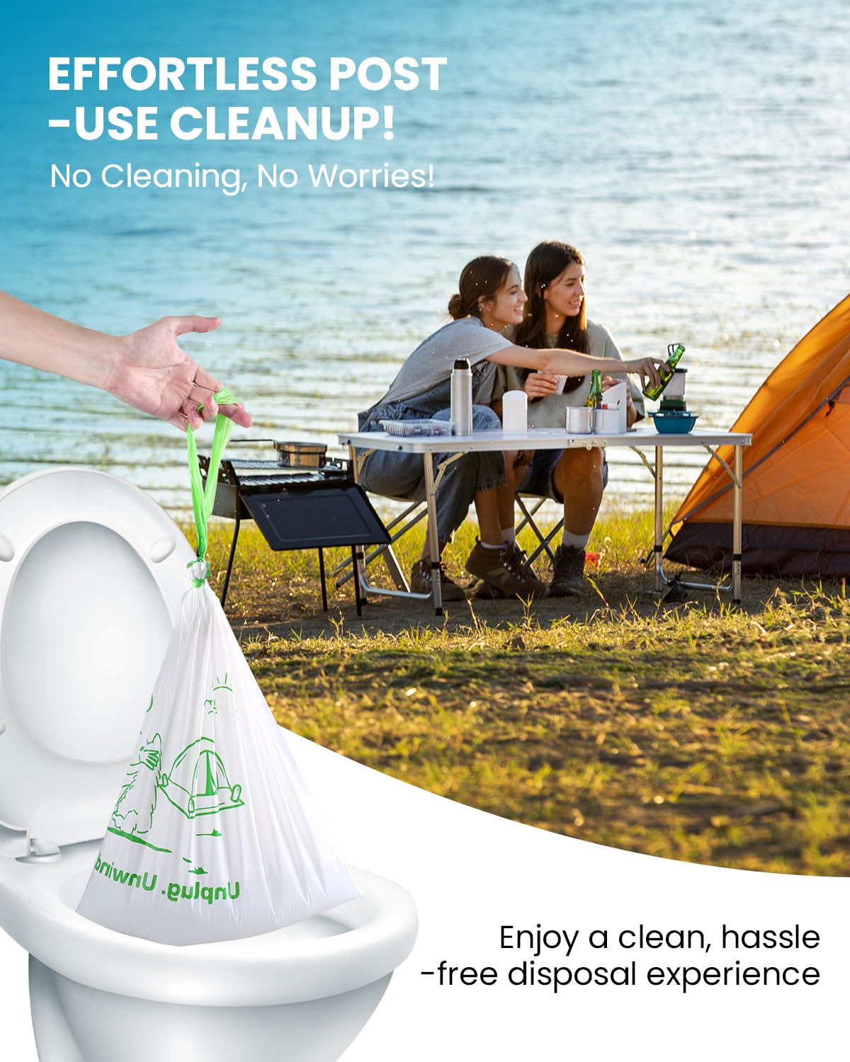 Forro de inodoro con almohadillas absorbentes, ajuste universal, bolsas de inodoro desechables, diseño inspirado en el campamento, ideal para el hogar, barco o camping, listo para lavado en seco