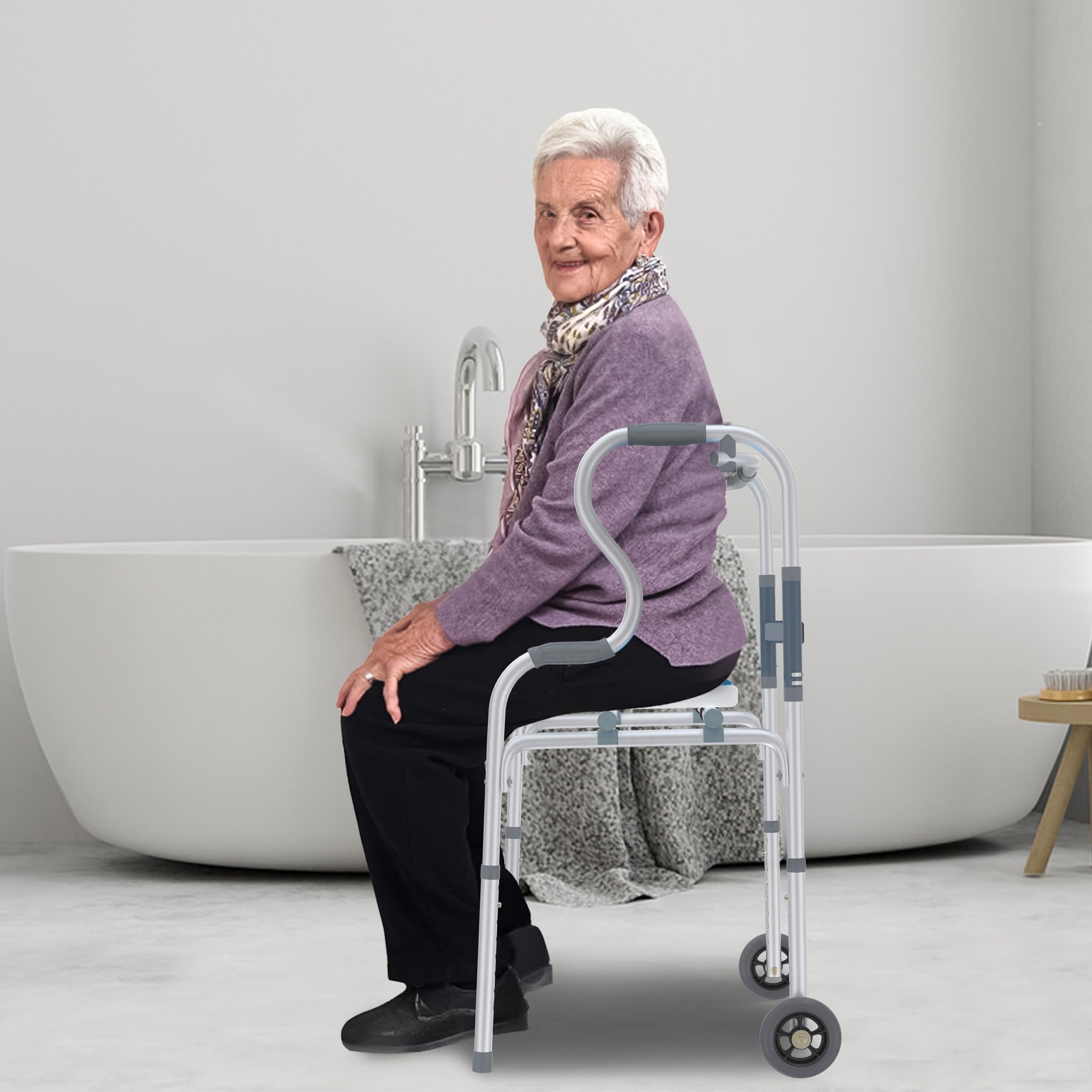 UISEBRT Składany wózek do chodzenia z aluminium z 2 kółkami i ergonomicznym uchwytem, 8-stopniowa regulacja wysokości ze zdejmowanym siedziskiem, antypoślizgowa, stabilna pomoc w poruszaniu się dla