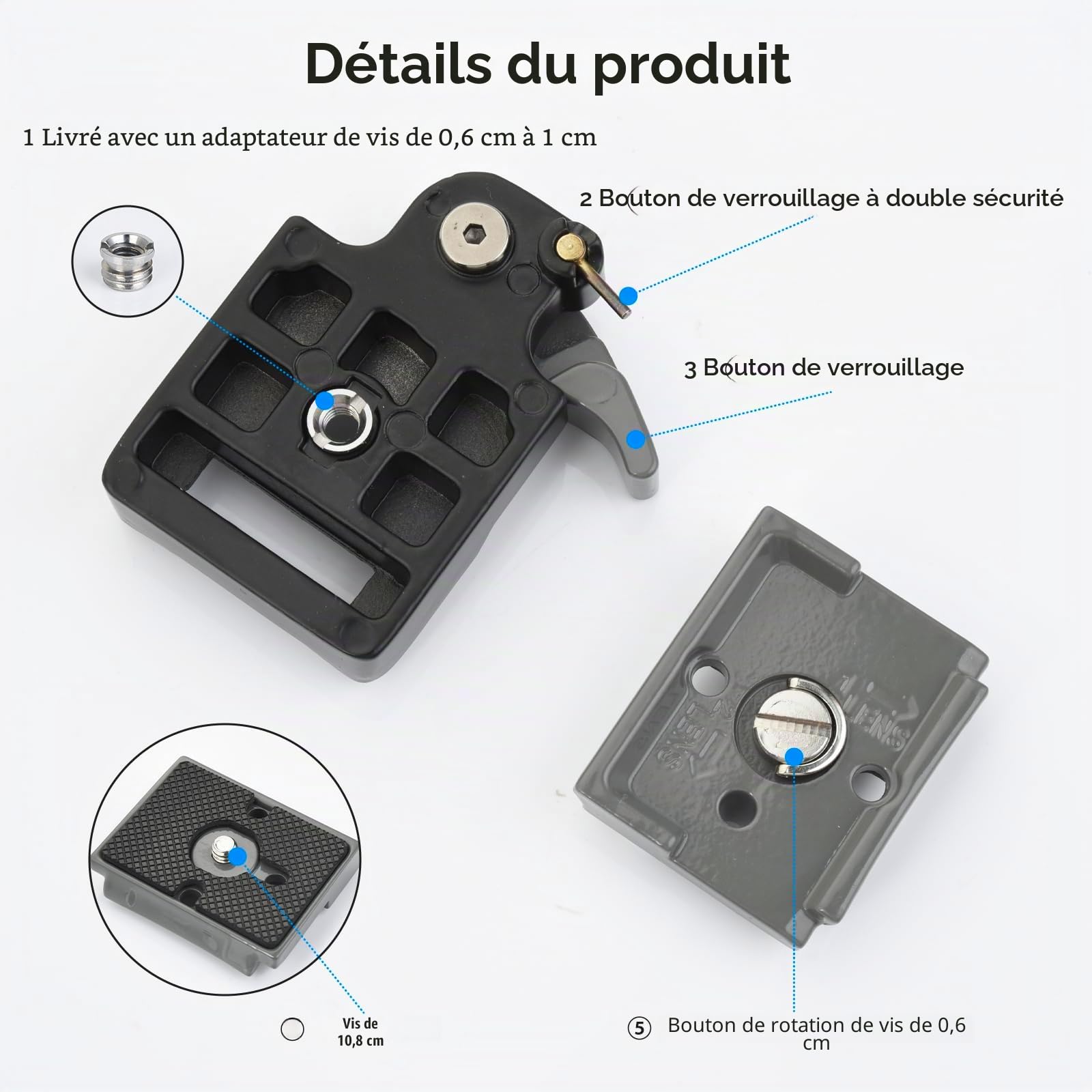 UTEBIT Plateau Rapide Tête de Trépied avec Adaptateur 1/4'' à 3/8'', Plateau de Dégagement Rapide Compatible avec Manfrotto 200PL-14 Plaque de Fixation Rapide pour Appareil Photo Gris