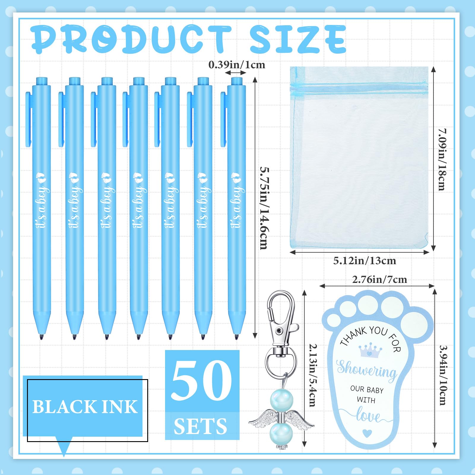 Ctosree 250 Pcs Baby Shower Favors Includes Baby Shower Ballpoint Pens Angel Keychains Organza Bags Thank You Cards for Guest Gifts Baby Shower Gender Reveal Party (Blue,It's a Boy)