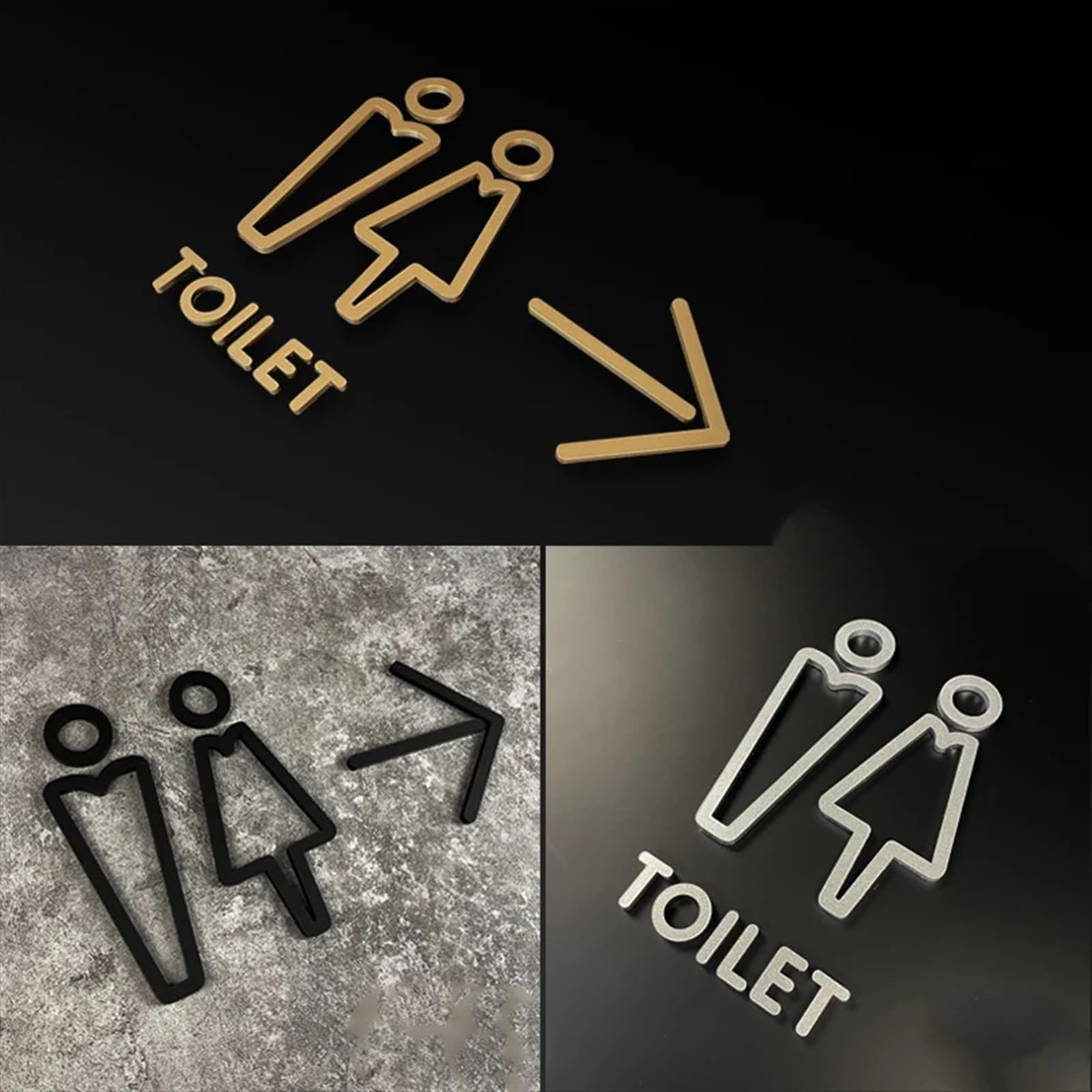 Plaque de Toilette Conseils plaque de signalisation toilette or mat 3D salle bain porte étiquette murale autocollant WC panneau Art hôtel décor à la maison(15cm all,Black)