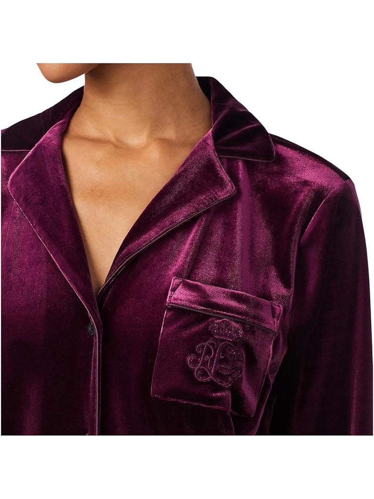 Burgundy Lauren Ralph Lauren Long Sleeve Velvet Notch Collar Long PJ Set