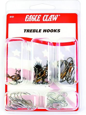 Eagle Claw TREBLE HOOK ASSORTMENT, SHORT SHANK FISHING HOOKS FOR FRESHWATER FISH, 25 HOOKS, SIZES 6 TO 2, Multi, One Size 610H