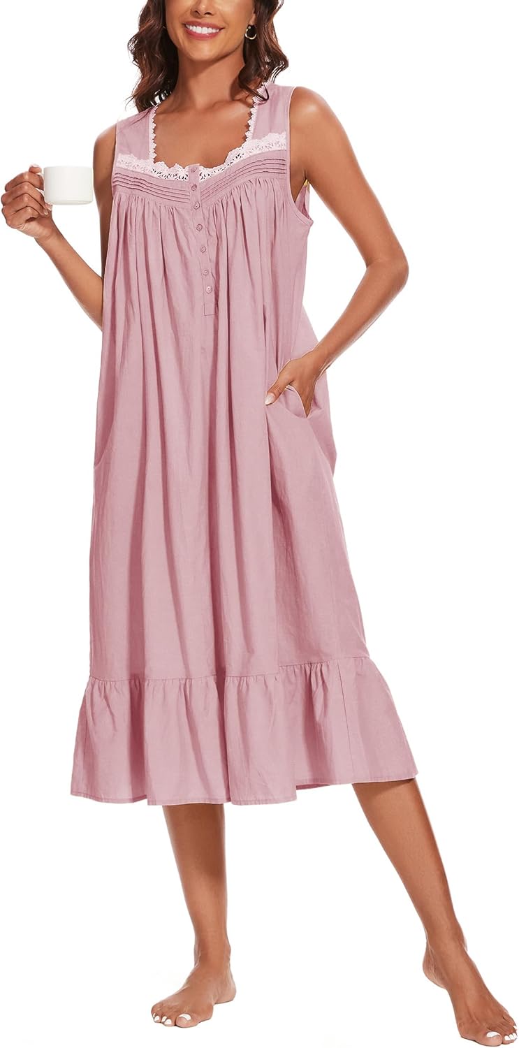 AVIIER 100% Cotton Nightgowns for Women Sleeveless Sleep Dress Ladies Gowns Sleepwear with Pockets
