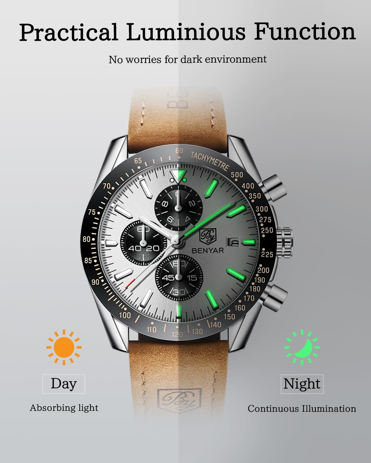 BENYAR Orologio da Uomo Cronografo Analogico Movimento al Quarzo Impermeabile Luminoso Moda Sportivo Affari Orologio da Polso Cinturino in Pelle/Acciaio Inox Elegante Regalo per Uomo