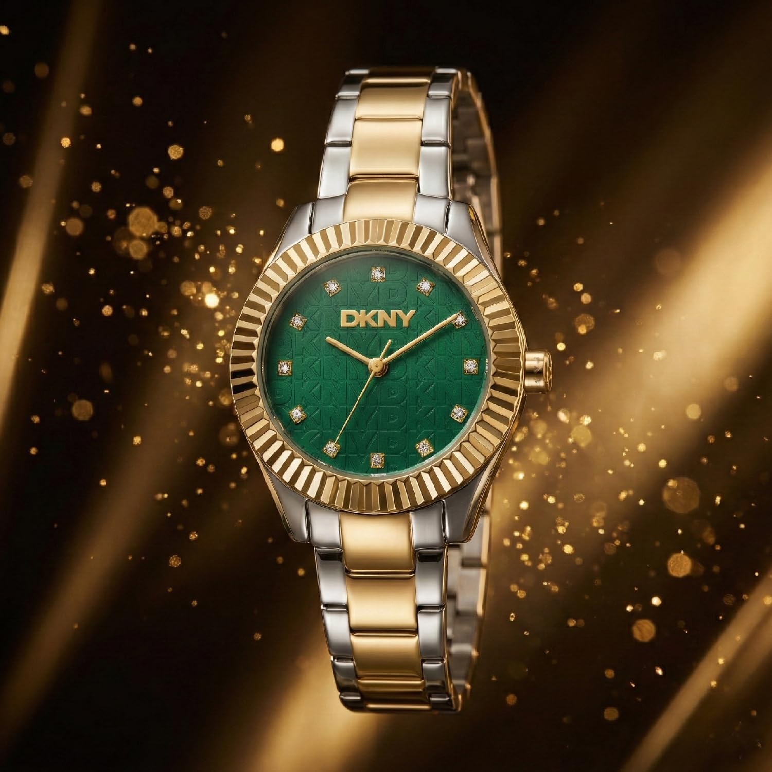 DKNY Women's Chambers Glitz Dark Green Dial Gold-Two-Tone Stainless Steel Bracelet Watch 30mm