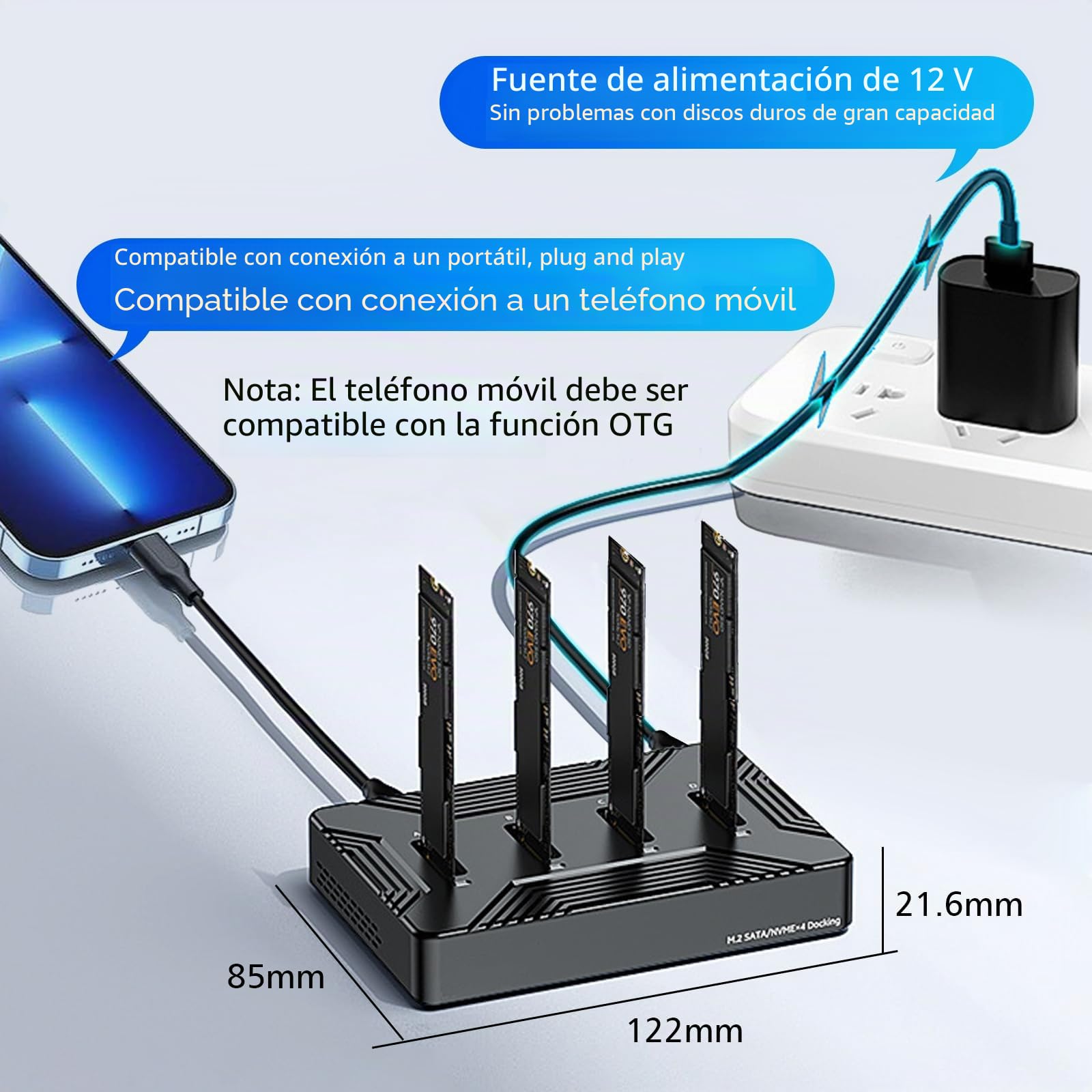 Estación de Acoplamiento M.2 NVME SATA SSD USB 3.2 Gen 2 10Gbps | M-Key B+M Key, 4 Bahías, 2230 2242 2260 2280 SSD, Adaptador de Aluminio
