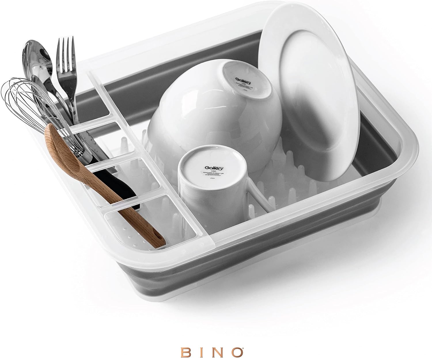 BINO | Collapsible Dish Drying Rack, Large - Frosted | Space Saving Folding Dish and Cutlery Drainer for Kitchen | BPA-Free Dish Rack for Drying Crockery and Cutlery | Kitchen and Camping Accessories