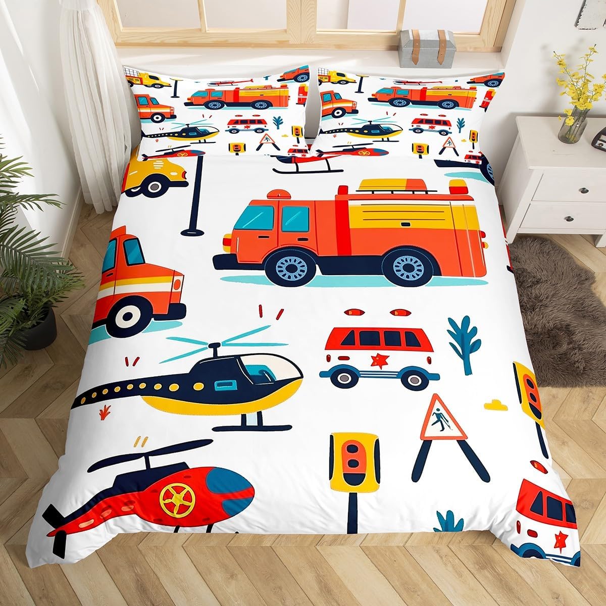 Castle Fairy Cartoon Helicopter Bedding Set Fire Engine Ambulance Bedding Duvet Cover Kids Boys Traffic Lights Comforter Cover Soft Polyester Bedroom Quilt Cover 2Pcs Toddler,No Comforter
