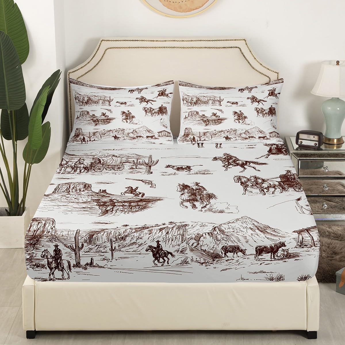 Feelyou Cowboy Bedding Set Twin Size for Boys Girls, Western Bed Sheet Set Vintage Fitted Sheet Brown Farmhouse Bed Cover (1 Pillow Case and a Fitted Sheet)