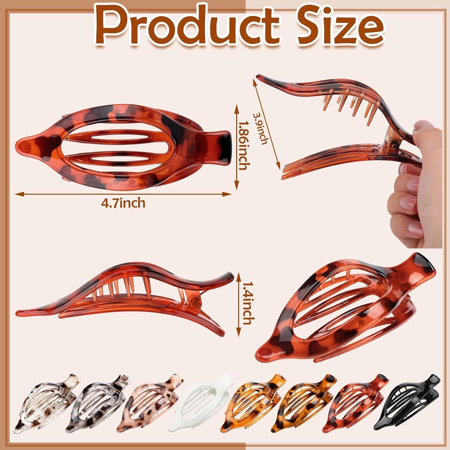 8 Pcs Flat Hair Clips for Women, French Large Flat Claw Clips for Women, Strong Hold Tortoiseshell Hair Claw for Thick Thin Hair - Image 2