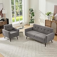 Vista 3 de Tbfit Sofá moderno de mediados de siglo, beige, sofá biplaza y silla decorativa linen fabric, button tufted, solid wood foot, pocket spring, wood