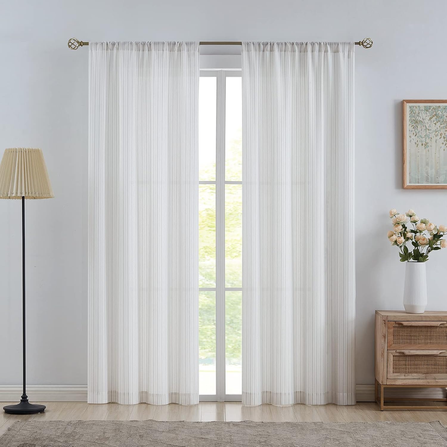 SXZJTEX Bohemian Sheer Curtains Pinstriped 84 inches Long, Rod Pocket Window Treatment for Bedroom & Living Room Rustic Drapes, 40 Inch Wide x 84 Inch Long, 2 Panels, White/Gray