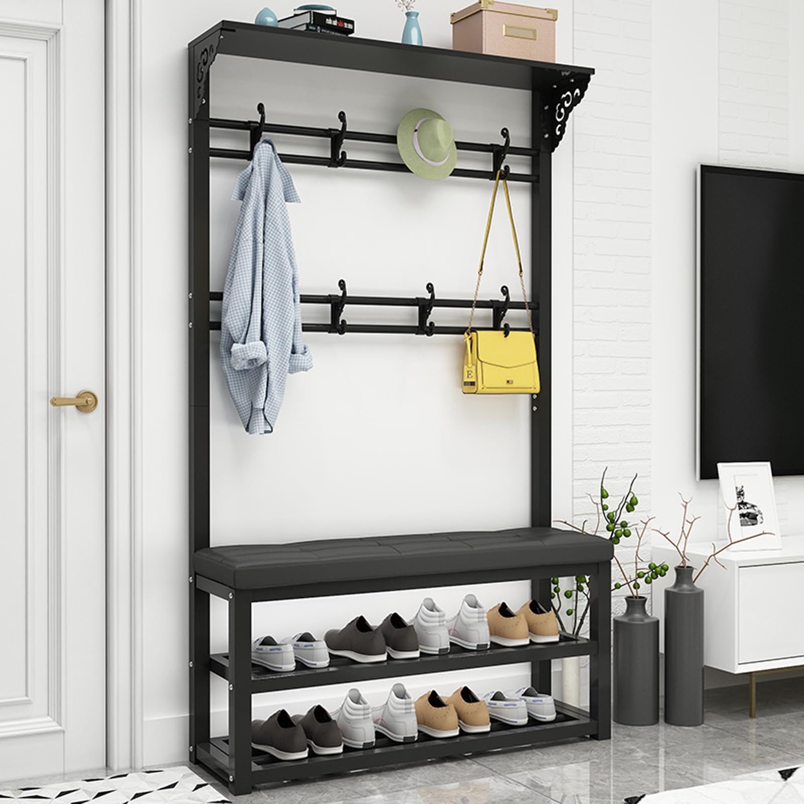 GHFXSCV Entryway Coat Rack with Shoe Bench, Metal Design, Cushed Seat, Perfect for Mudroom & Hallway Sto, 100x30x172cm, Black