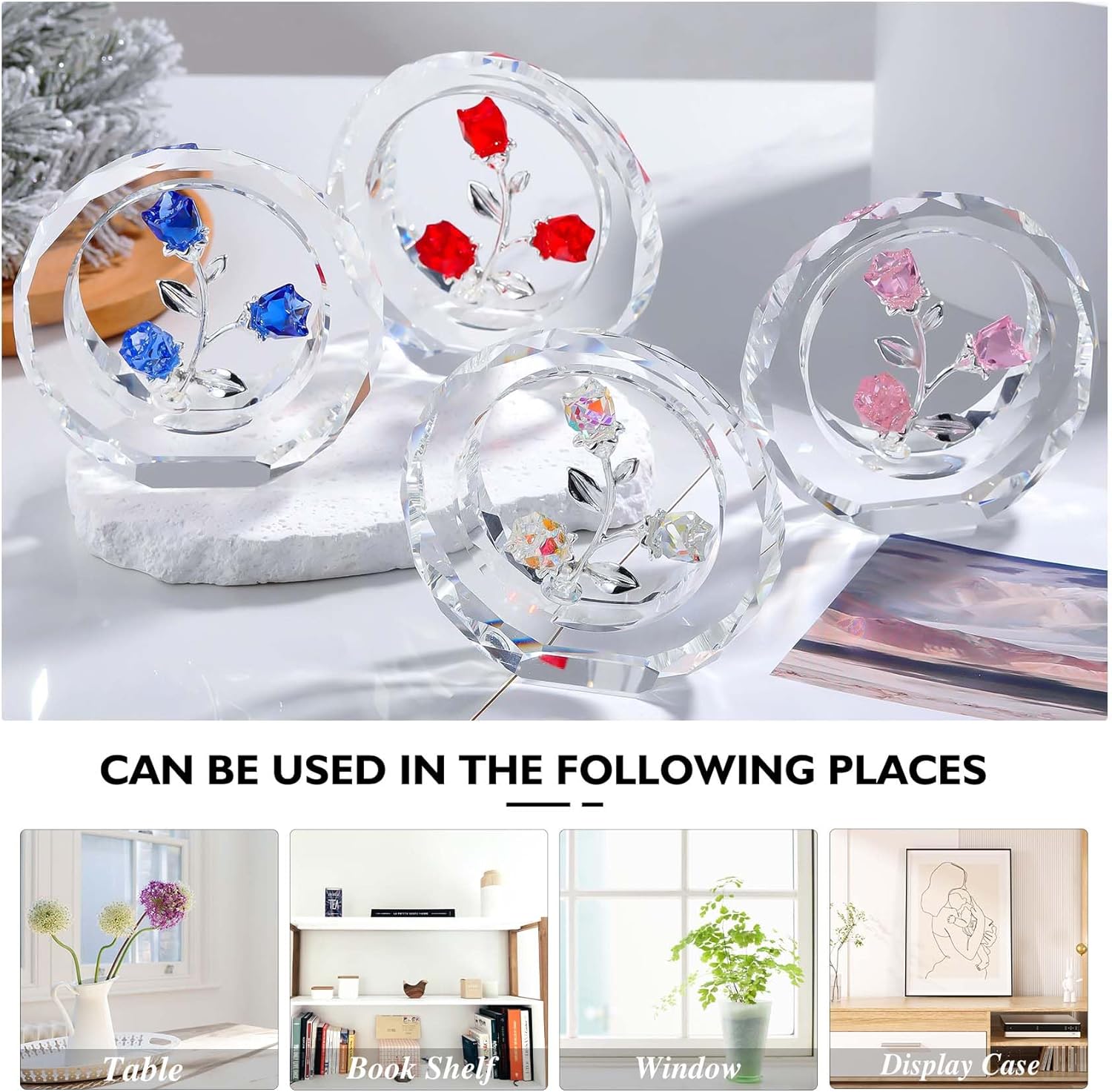 Crystal Blue Rose Bouquet Figurines Glass Flowers with Stems Valentines Anniversary Rose Gifts for Girlfriend Wife, Blue Crystal Rose in Glass Ring Collectible Figurines Forever Roses Decor - Image 5