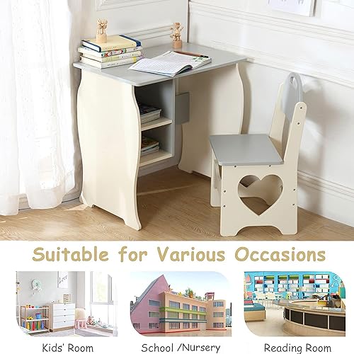 Miniatura 9 de Juego de escritorio y silla para niños, escritorio de estudio para niños con estante de almacenamiento, mesa de estudio escolar de madera, mesa de
