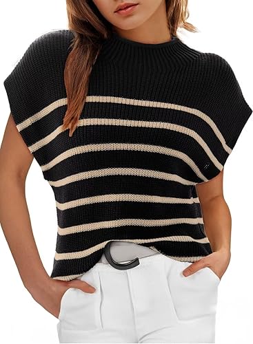 Dokotoo Women's Sweater Cap Sleeve Mock Neck Basic Loose Fit Ribbed Knit Pullover Striped Sweaters 2024 Summer Y2k Outfits - Small - Black