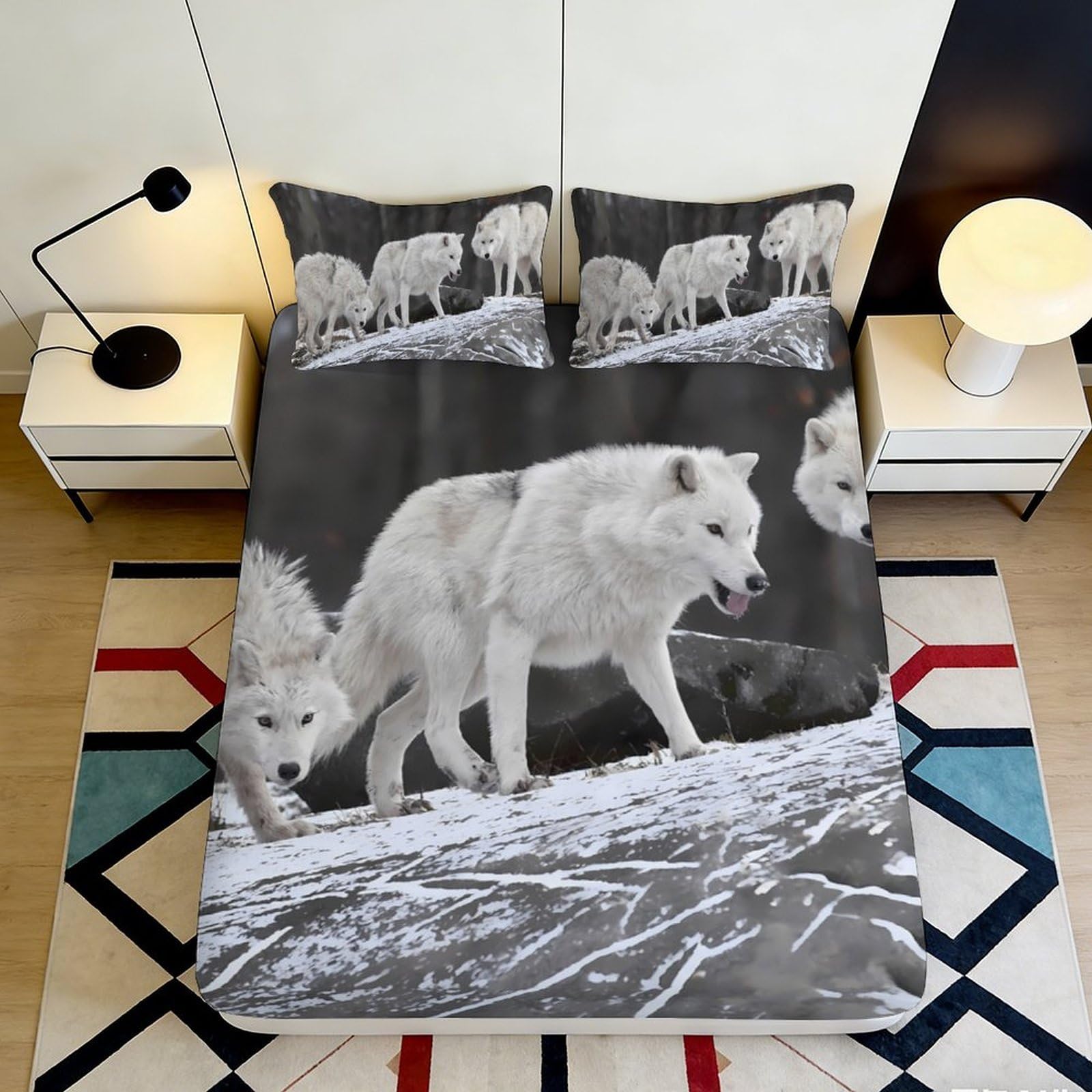 3D Printed Arctic Wolf Fitted Sheet Microfiber Soft Breathable Snow Forest Bed Cover for Bedroom Guest Room Mattress Decor 90x200x25cm