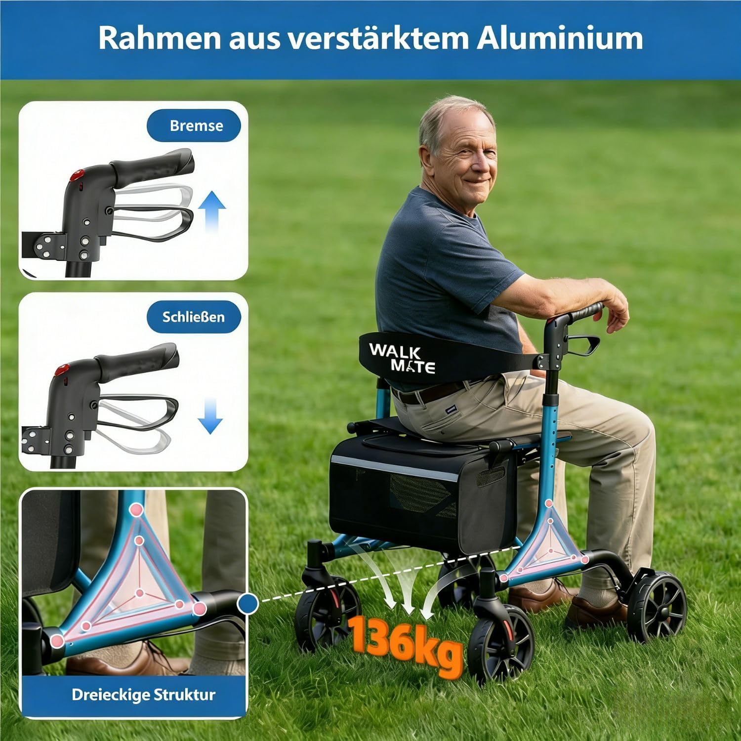 WALK MATE Rollator Faltbar und Leicht mit Sitz für schmale Wohnungen | ergonomische Höhenverstellung 150–190 cm,Rollatoren für Senioren Klappbar mit 20cm Reifen, nur 6.7kg leicht